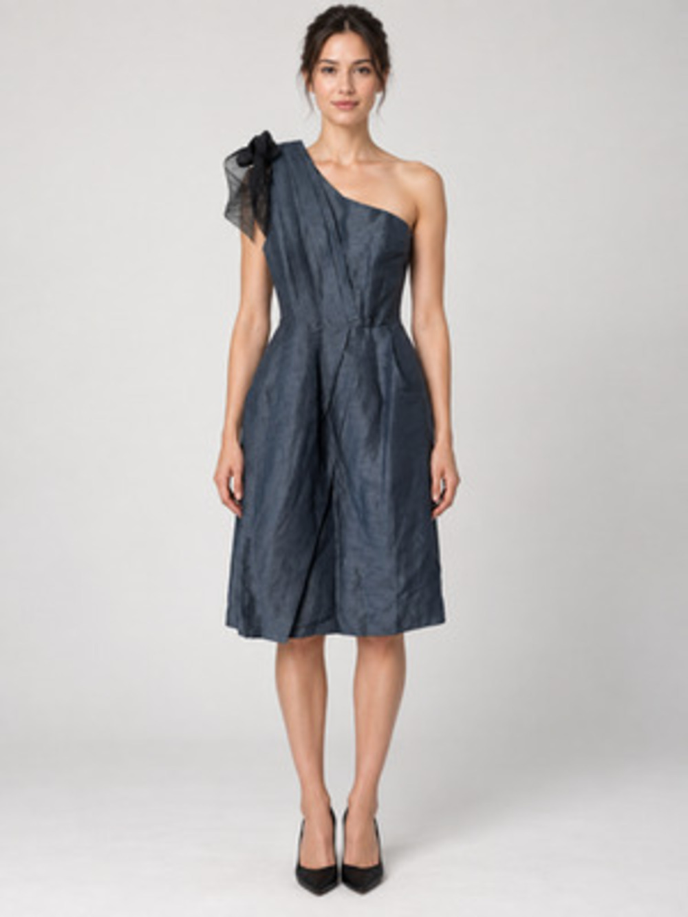 Va Et Vien Blue Gray One Shoulder Bow Linen Silk Dress Size 4